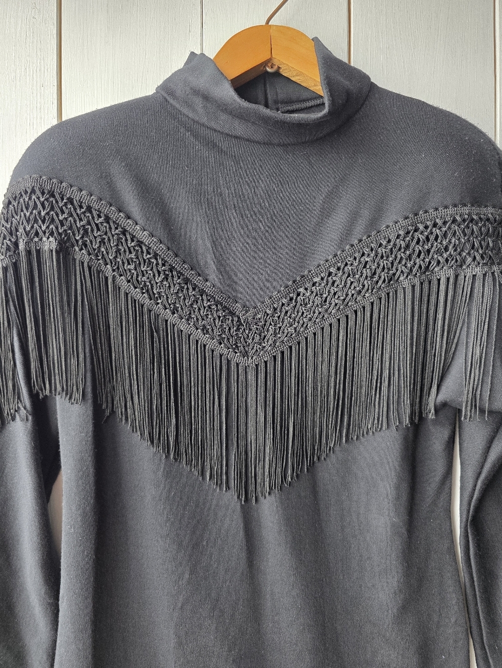 UXL Vintage 80s Black Long Sleeve Fringe Turtleneck Pencil Dress Size 11/12 - Picture 2 of 10